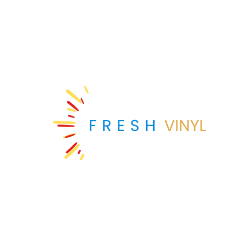 Logo with the text 'FRESH VINYL' in blue and orange, accompanied by red and yellow lines forming a semicircle on the left