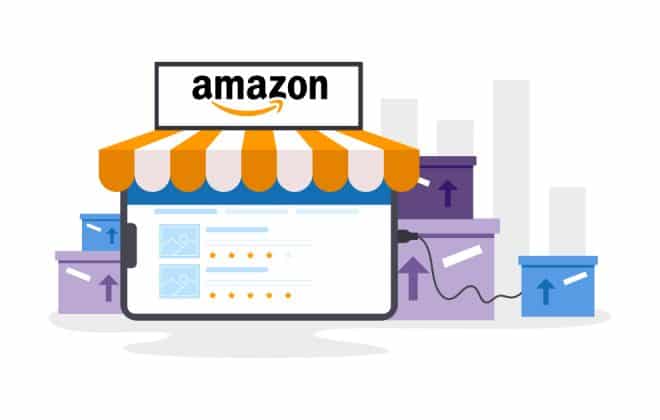 lustración de una tienda en línea de Amazon con cajas y gráficos de barras en el fondo.