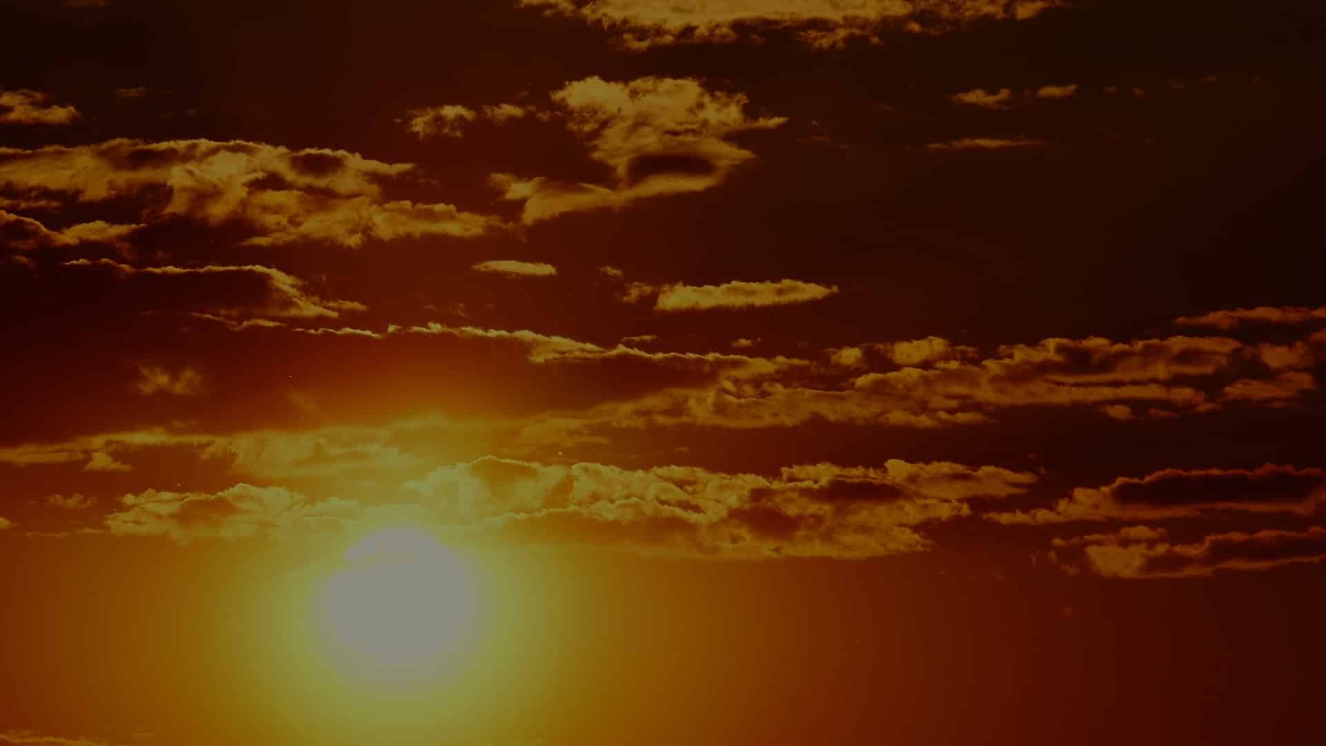 Sunset with a bright sun and golden clouds in the sky
